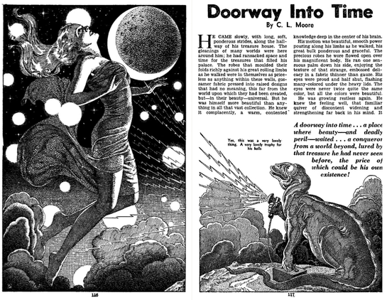 Lizard creature shoots a gun with a cluster of rays at a woman who elevates into the cosmos.