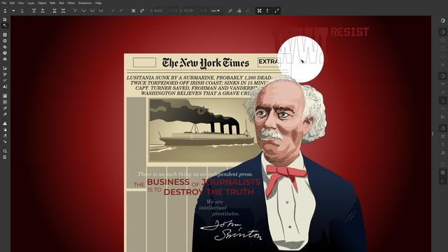 Vector portrait of John Swinton as editor in chief of TNYT in front of the Lusitania propaganda newspaper edition.
