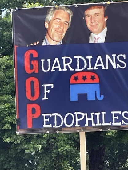 Protest sign with Guardians of Pedophiles and a photo of Trump and Epstein.