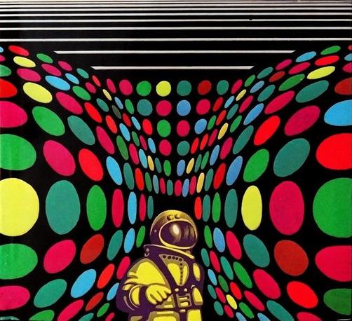 Spaceman surrounded by various multi-colored circles bending around him. There are horizontal lines at the top.