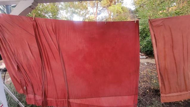 Crimson next to red fabric with background for color comparison