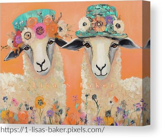 Floral Hatted Sheep / Animal Art by Lisa S Baker. Two sheep, adorned with colorful floral hats, stand side by side against a warm orange background. Their wool is soft and textured, while lively flowers bloom in the foreground, adding a whimsical touch. The composition exudes a joyful and playful vibe, inviting viewers into a pastoral scene.