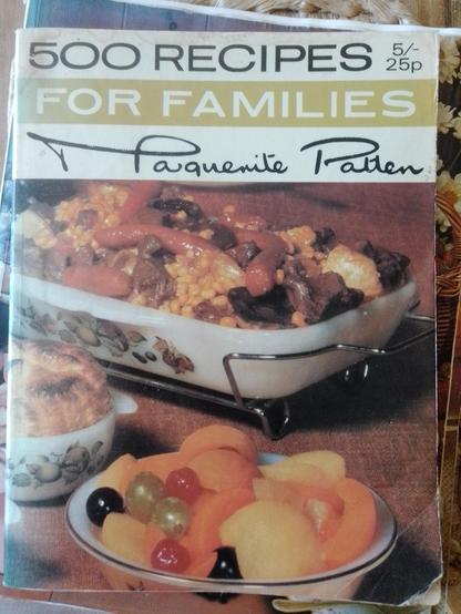 The book cover. "500 recipes for families" by Marguerite Patten