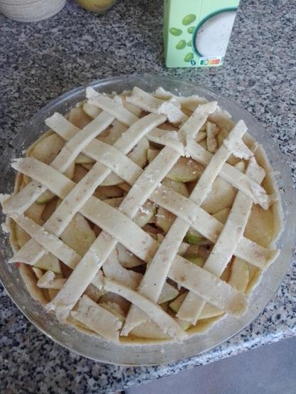 Apple pie before it goes into the oven. This pie contains absolutely no brains. Just apple's and blackberries from our garden.