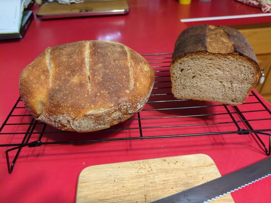 Two loaves of bread on a wire cooling rack. One is an uncut boule, the other is a cut sandwich loaf, with the crumb facing the camera. A bit of a cutting board and serrated knife is visible in the foreground.