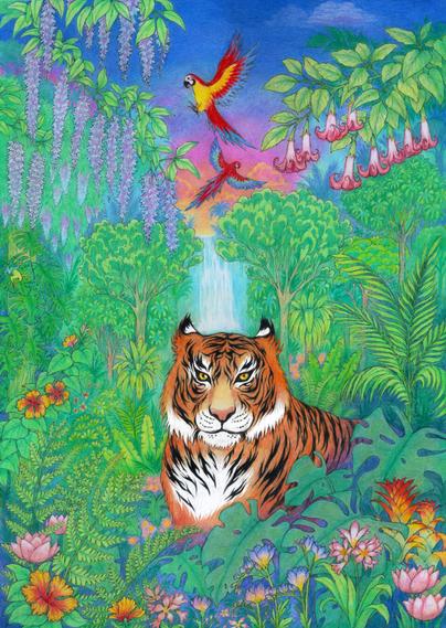a colorful portrait of a tiger in a jungle