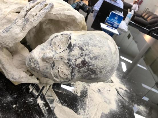 The large eye sockets on Maria and her gray skin.