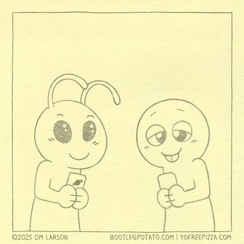 A panel featuring Alie the alien and Buddy looking at their phones.