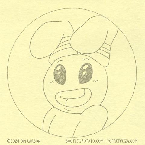 A round panel featuring Alie wearing socks over their antennae.