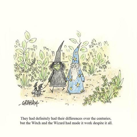 A cartoon illustration of a witch and wizard walking their pet bat dog holding hands. Caption reads "They had definitely had their differences over the centuries, but the Witch and the Wizard had made it work despite it all."