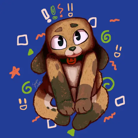 A brown puppy fursona with long floppy ears, a square head, and a smiley face collar sitting on the floor and looking up at the viewer. He is sureounded by green, red, peach, and light orange squiggles and shapes.