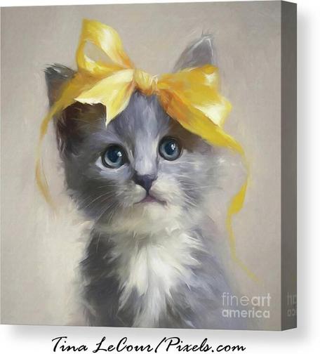 This is canvas of a sweet little gray kitten with blue eyes named Margot wearing a big yellow bow on top of her head.