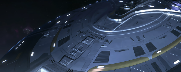 A Star Trek Prodigy shot of Voyager A's saucer section from the top front left.  From E205