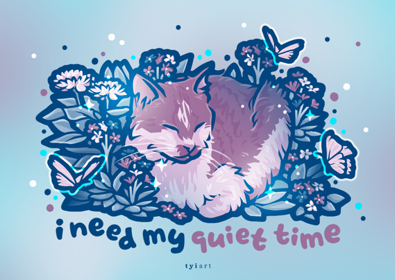 Digital drawing of a pink kitty loafing among tall grass with flowers and butterflies