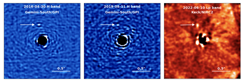 Three panel image from Jones et al. showing a white dot on a stippled background. The planet is in the 11 o'clock position in all three images.
