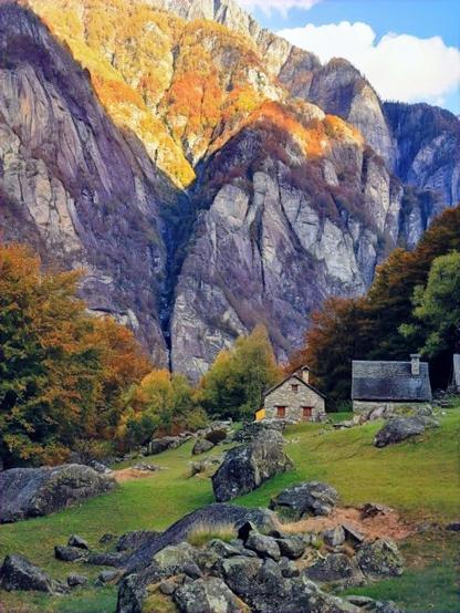 Landscape view with old houses in the swiss alps