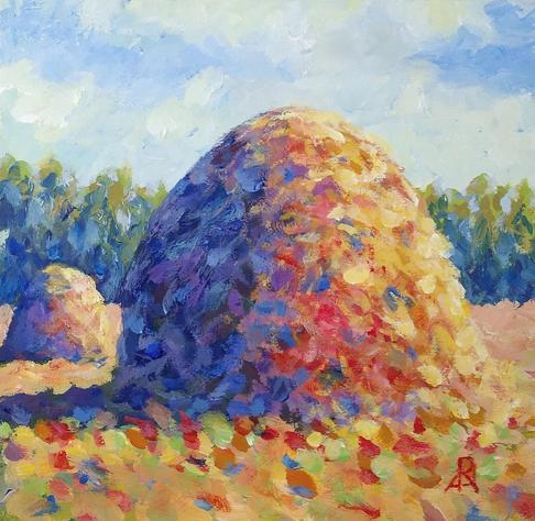 Haystack painted with acrylic paints. There is a small haystack next to it in the distance. Some trees are lining up near the horizon.