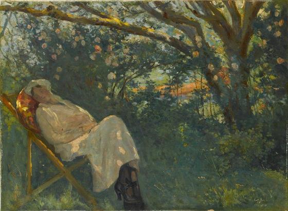A painting by Turkish impressionist Nazmi Ziya Güran (1904-1917), Lady in Pink on a Chaise Longue.
A woman reclines in a chaise longue, wearing a light-pink blouse and a white skirt. She has on a brimmed sun hat, and a soft cushion supports her neck. Overhead is a canopy of foliage; dappled sunlight filters through leaves, casting light spots over the bushes, grass, her clothing, and parts of the chaise. Around her are light-pink roses in bloom; some leaves nearly touch her hat. In the distance, through the greenery, fields stretch.
The colour palette is tender: lush greens from blue-greens to olive and deeper forest tones, pale whites, soft pinks.
The atmosphere is tranquil, dreamy, a moment of leisure and quiet warmth, as if the breeze and sun conspired to lull her into peace. Light and shade interplay subtly, bringing texture to fabric, softness to skin, coolness beneath shade, warmth in the sunlit spots.
Via Meisterdrucke.nl