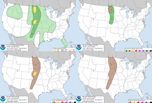Isolated severe thunderstorms are possible across a broad portion of the Great Plains this afternoon to early evening. A more concentrated threat for a couple tornadoes is evident over parts of the Dakotas and for large hail along the Nebraska-Kansas border.
#WeatherAwareDay #weather #wx #SPC  #SevereWeather #categorical #tornado #wind #hail 

Heavy Rainfall Continues in South Florida, Southern Rockies, and the Northern Plains
A stationary front will continue to bring heavy to excessive rainfall to South Florida into Saturday with localized and urban flooding possible. Heavy to excessive rainfall is forecast through Saturday over the southern Rockies into the northern Plains. Instances of flash flooding are possible, especially in higher terrain and burn scars.