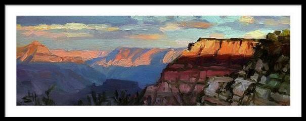 Framed print of an original oil painting depicting a panoramic view of the Grand Canyon as the shadows grow below, and only the tops of the cliffs are touched by sun.