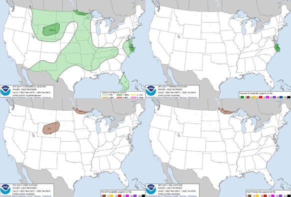 Rain Showers and Gusty Winds Coming to the Mid-Atlantic; Remaining Unseasonably Warm in the Central U.S.
Low pressure will track slowly northwestward into the Mid-Atlantic region through midweek bringing a risk for excessive rainfall, gusty winds, shallow coastal flooding, rip currents, and large surf. Unseasonably warm to hot temperatures persist in the mid to upper Mississippi Valley and into the Great Lakes and Northeast U.S. through Thursday