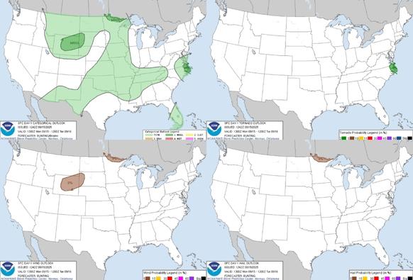 Isolated severe gusts are possible across Wyoming into western South Dakota this afternoon to early evening. Isolated severe hail and damaging wind are possible across far northern Minnesota in the early to mid-afternoon. A brief tornado is possible in the northeast North Carolina vicinity in the early morning Tuesday.
#WeatherAwareDay #weather #wx #SPC  #SevereWeather #categorical #tornado #wind #hail 

Rain Showers and Gusty Winds Coming to the Mid-Atlantic; Remaining Unseasonably Warm in the Central U.S.
Low pressure will track slowly northwestward into the Mid-Atlantic region through midweek bringing a risk for excessive rainfall, gusty winds, shallow coastal flooding, rip currents, and large surf. Unseasonably warm to hot temperatures persist in the mid to upper Mississippi Valley and into the Great Lakes and Northeast U.S. through Thursday