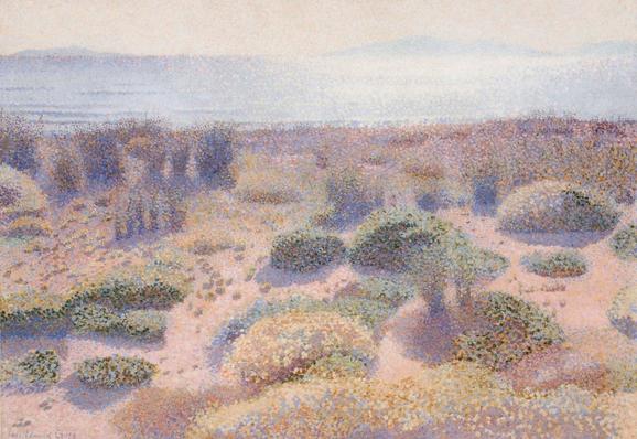 A pointillist landscape painting by French Neo-Impressionist Henri Edmond Cross, titled The Beach of Vignasse, dated 1891-1892. The scene shows a Mediterranean coastal strip with low, sparse vegetation—small shrubs and grasses—that stretch toward a sandy beach. Beyond the sand, the sea glows under strong sunlight, shimmering, its surface broken only by light reflections. The sky above is pale and luminous. The entire composition is built up from countless small dots of colour: pastel tones dominate—soft greens (mint, olive, sea green), sandy yellows, warm gold, touches of lavender and grey, light sky-blue. The vegetation displays darker and lighter green shades, creating depth; the sand and sunlight glow in soft golds, shadows shaded with grey-lavender. The brushwork (or rather the dot work) gives a gentle vibration to the scene: the heat-light, the shimmer of light moving on sea and plants, the airy quality of a warm coast. The atmosphere is calm yet radiant, evoking sultry afternoon light, delicate flora, and a timeless seaside landscape in pastel splendour.
Via Meisterdrucke.nl