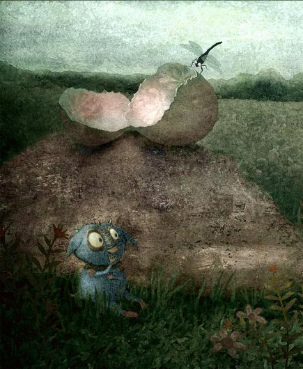 The Mysterious Monster March: JUST HATCHED
One cloudy morning a just-hatched baby monster sits alone in the grass next to a large boulder. It shivers with cold and hunger. Above, it's cracked egg balances precariously, while a hovering dragonfly looks down with interest. In the far distance, three quarreling monsters argue about who is responsible for an escaped pink balloon.