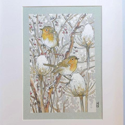 A small drawing of two robins on tree branches in winter, with falling snow. The drawing is on grey pastel paper.
The UK's favourite bird. Thanks to its bright red breast, it's familiar throughout the year and especially at Christmas. Males and females look identical.
An original art work, sold unframed.
Colour pencil and mixed media on acid free toned artist paper
5 by 7 inches (12.7 by 17.8 cm).