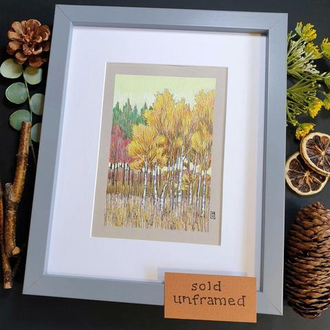 A small colour drawing of a landscape with autumn trees in layers of yellow, red and green. The sky is a very pale green. The drawing is on light grey pastel paper.
An original art work, sold unframed.
Colour pencil and mixed media on acid free toned artist paper
5 by 7 inches (12.7 by 17.8 cm).