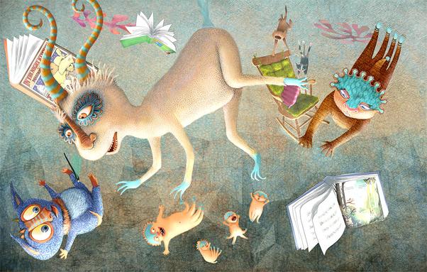 Against a light-filled, textured background, multiple monsters of all shapes and sizes gleefully leap into an open space and fly, float and... fall. :-)