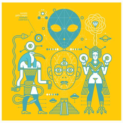 The album cover of Mambo Cósmico by Sonido Gallo Negro bursts with vibrant symbolism. Set on a radiant yellow backdrop, turquoise illustrations merge ancient Mesoamerican mythology with cosmic futurism. A large alien head hovers above a geometric human face with three eyes, connected by sacred geometry lines. On the left, a figure resembling Thoth or an Aztec scribe holds a serpent, while on the right, a goddess-like being with antennae lifts two circular discs like vinyl records or cosmic portals. A pyramid at the bottom is flanked by flying saucers, while planets, flowers, and energy patterns orbit the scene. The artwork fuses cumbia psychedelia, mysticism, and retro sci-fi in a bold visual language that mirrors the band’s cosmic sound. The album cover of Mambo Cósmico by Sonido Gallo Negro bursts with vibrant symbolism. Set on a radiant yellow backdrop, turquoise illustrations merge ancient Mesoamerican mythology with cosmic futurism. A large alien head hovers above a geometric human face with three eyes, connected by sacred geometry lines. On the left, a figure resembling Thoth or an Aztec scribe holds a serpent, while on the right, a goddess-like being with antennae lifts two circular discs like vinyl records or cosmic portals. A pyramid at the bottom is flanked by flying saucers, while planets, flowers, and energy patterns orbit the scene. The artwork fuses cumbia psychedelia, mysticism, and retro sci-fi in a bold visual language that mirrors the band’s cosmic sound.