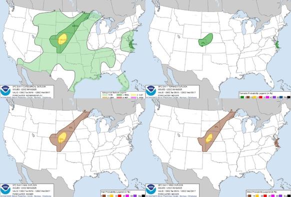 Rain Showers and Gusty Winds Coming to the Mid-Atlantic; Remaining Unseasonably Warm in the Central U.S.
Low pressure will track slowly northwestward into the Mid-Atlantic region through midweek bringing a risk for excessive rainfall, gusty winds, shallow coastal flooding, rip currents, and large surf. Unseasonably warm to hot temperatures persist in the mid to upper Mississippi Valley and into the Great Lakes and Northeast U.S. through Thursday