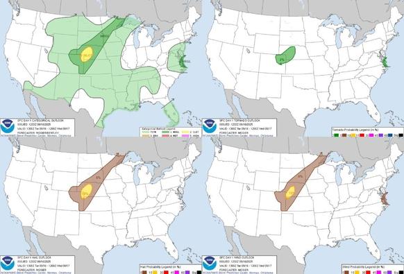Rain Showers and Gusty Winds Coming to the Mid-Atlantic; Remaining Unseasonably Warm in the Central U.S.
Low pressure will track slowly northwestward into the Mid-Atlantic region through midweek bringing a risk for excessive rainfall, gusty winds, shallow coastal flooding, rip currents, and large surf. Unseasonably warm to hot temperatures persist in the mid to upper Mississippi Valley and into the Great Lakes and Northeast U.S. through Thursday