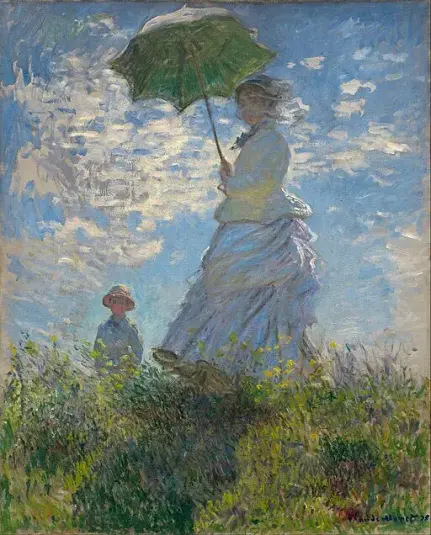 A woman in a flowing white dress stands in a sunlit field, holding a green parasol. Her veil and dress ripple in the wind as she looks slightly back. A child stands behind her in the tall grass under a vast, glowing sky.