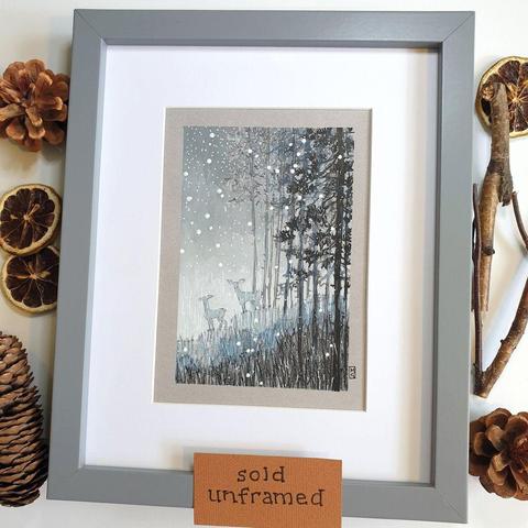 A small colour landscape drawing of the edge of a forest with deer in the distance. This is a winter snow scene in mostly grey, white and black with a touch of blue. The drawing is on grey pastel paper.
An original art work, sold unframed.
Colour pencil and mixed media on acid free toned artist paper
5 by 7 inches (12.7 by 17.8 cm).