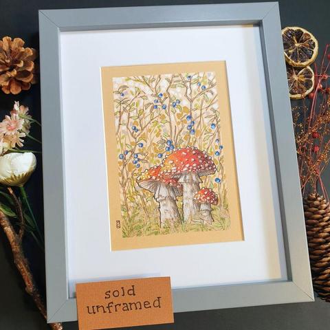 A small colour drawing of everyone's favourite mushrooms. The classic red and white fairy toadstool, Fly agaric. They are in a composition with branches of berries and leaves. The drawing is on warm, peachy toned, beige pastel paper.
An original art work, sold unframed.
Colour pencil and mixed media on acid free toned artist paper
5 by 7 inches (12.7 by 17.8 cm).