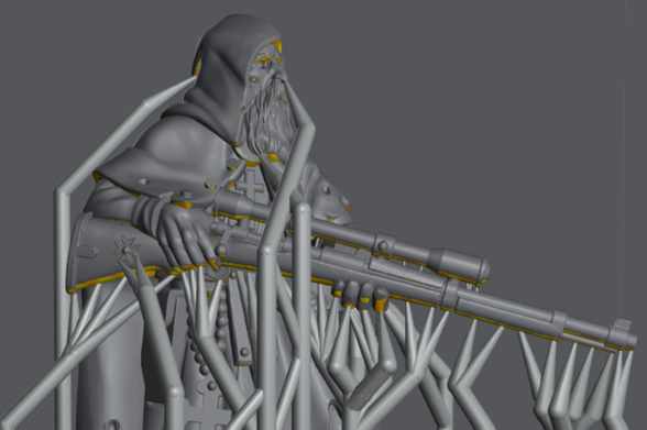 A screen clipping from Lychee slicer of a Trench Crusade sniper. Multiple small supports are attached to the barrel of his gun.