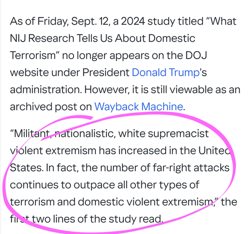 As of Friday, Sept. 12, a 2024 study titled “What NIJ Research Tells Us About Domestic Terrorism” no longer appears on the DOJ website under President Donald Trump's administration. However, it is still viewable as an archived post on Wayback Machine.

“Militant, nationalistic, white supremacist violent extremism has increased in the United States. In fact, the number of far-right attacks continues to outpace all other types of terrorism and domestic violent extremism,” the first two lines of the study read.
