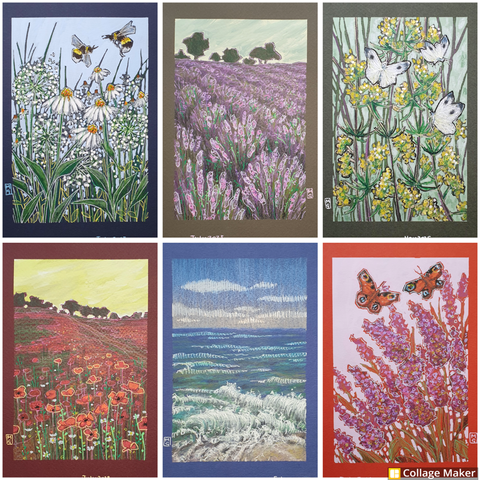 A photo collage of some of my summer art:
Bees and flowers in blue and white, a lavender field, cabbage white butterflies with yellow flowers, a poppy field, a seascape with lapping waves and peacock butterflies with flowers.