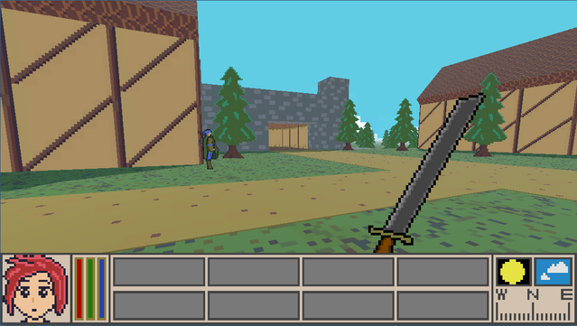 A pixel art looking town with some houses and a castle looking building. In the bottom left there's a portrait for a red haired person.