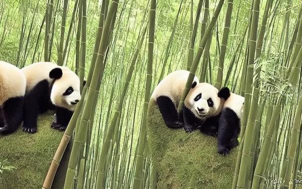 Four Pandas hiding in Bamboo Trees