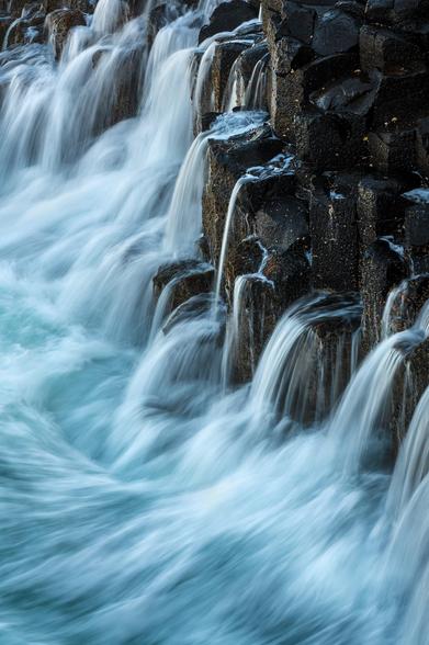 vertical seascape with basalt column washed by the waves. The wave has just crashed and the water is flowing down in multiple small waterfalls. The exposure is slightly longer to make the water smooth but not flat.