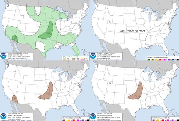 Strong to locally severe storms are possible from late afternoon into tonight from parts of Oklahoma into Missouri and over small parts of adjacent states. Isolated strong to severe storms are possible across eastern southern California and southwest Arizona as well.
#WeatherAwareDay #weather #wx #SPC  #SevereWeather #categorical #tornado #wind #hail 

Tropical Moisture Brings Slight Risk of Excessive Rainfall to the Southwest; Strong to Locally Severe Storms on the Plains
Heavy rain and flash flooding are possible across portions of the Southwest through Friday, where Flood Watches are in effect. Strong to locally severe thunderstorms are possible today across portions of the Plains. A tropical wave is causing heavy rainfall in Puerto Rico and the Virgin Islands, which may cause urban and small stream flooding and landslides today