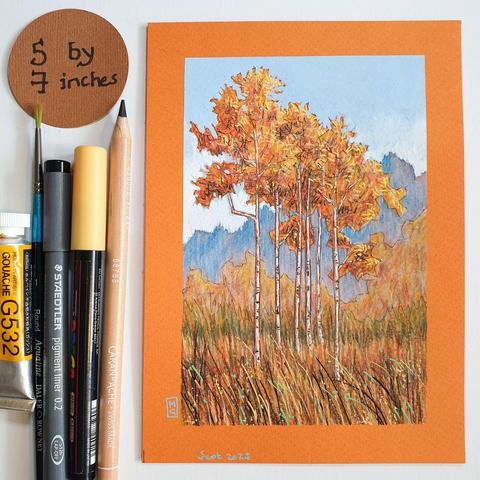 A small colour drawing of an autumnal landscape with orange and yellow trees in long grasses, there are mountains and blue skies in the distance. The drawing is on orange pastel paper.
An original art work, sold unframed.
Colour pencil and mixed media on acid free toned artist paper
5 by 7 inches (12.7 by 17.8 cm).