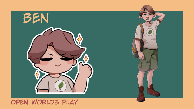 Two illustrations of a video game character from the connectedness game 'Open Worlds Play'.

"Ben"

On the left, a chibi style drawing of the face of a young man with brown hair.

On the right, a body-height drawing of the same character. He is wearing a t-shirt with a leaf.

"Open Worlds Play"