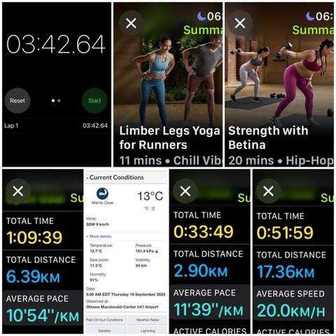 Grid of iOS screenshots:
1) Timer app showing 03:42.64.

2) Apple Fitness Limber Legs Yoga for Runners, 11 mins.

3) Apple Fitness Strength with Betina, 20 mins.

4) Apple Fitness Walking Details:
Total Time: 1:09:39.
Total Distance: 6.39 KM.
Average Pace: 10'54"/KM.

5) Environment Canada site showing 13°C, 91% humidity, and 9 KM/H wind.

6) Apple Fitness Walking Details:
Total Time: 0:33:49.
Total Distance: 2.90 KM.
Average Pace: 11'39"/KM.

7) Apple Fitness Cycling Details:
Total Time: 0:51:59.
Total Distance: 17.36 KM.
Average Speed: 20.0 KM/H.