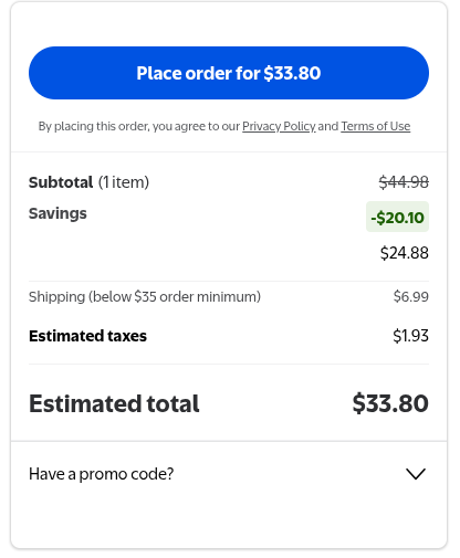Walmart order for $33.80 for a pair of boots.