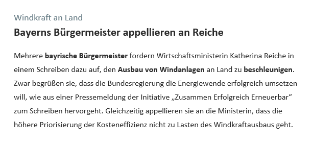 Absatz aus dem Background Tagesspiegel Newsletter Energie vom 19.9.25 mit der überschrift: Bayerns Bürgermeister appellieren an Reiche.