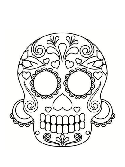 Drawing in black and white of a skull with fancy decorations